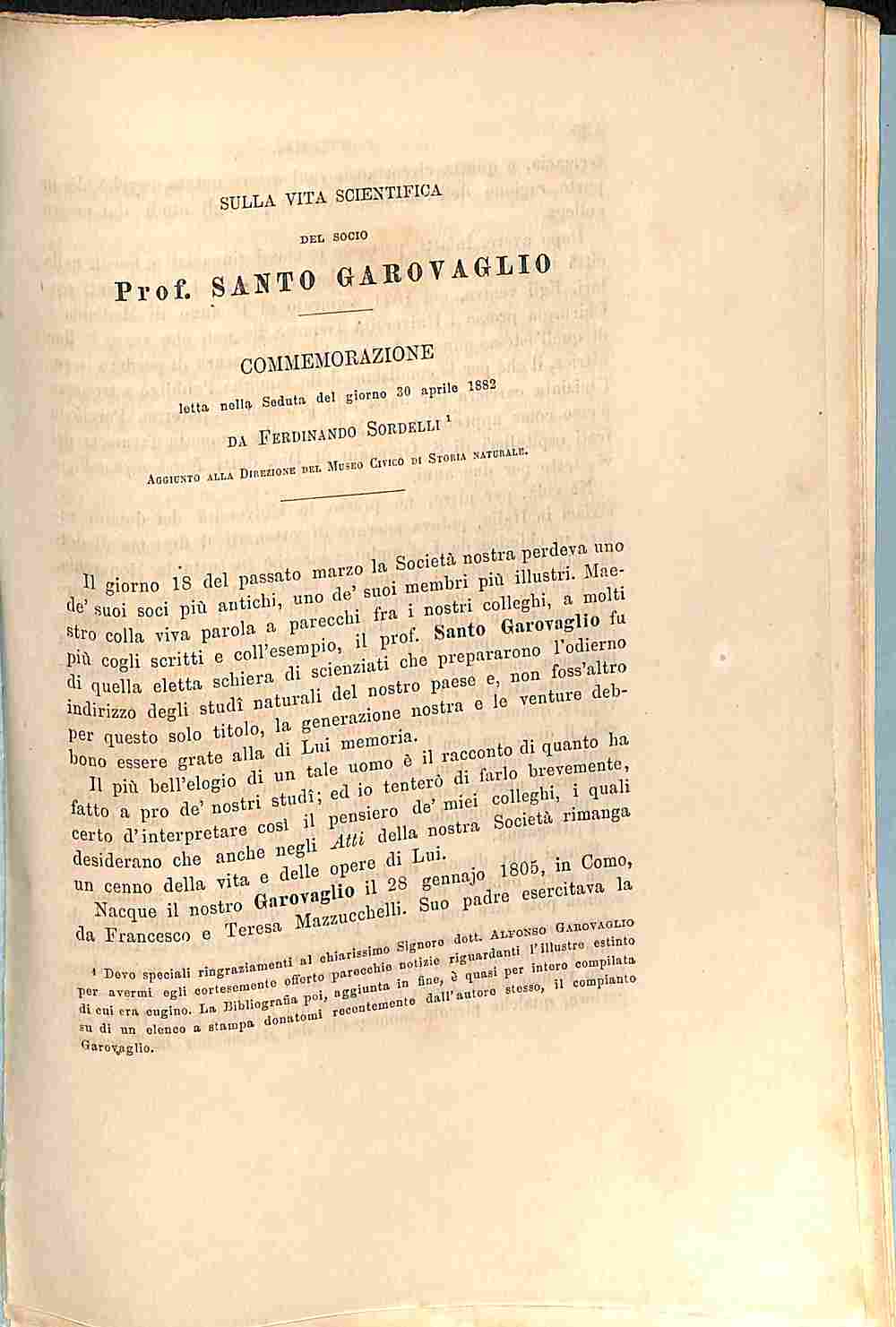 Sulla vita scientifica del socio Santo Garovaglio